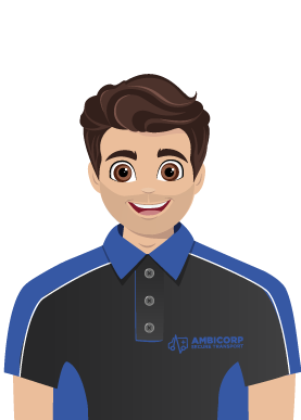 Dark haired male Ambicorp animation in black and blue uniform