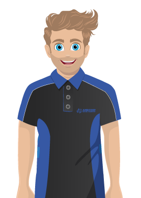 Light haired male Ambicorp animation in black and blue uniform